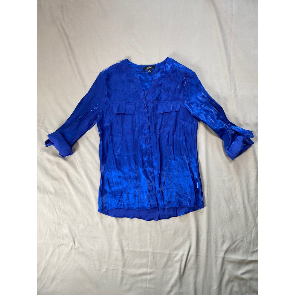Elementz Electric Blue Shimmer Shirt Long Sleeve Y2K Disco Style Size Small